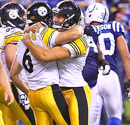 Kicker Shaun Suisham and punter Daniel Sepulveda celebrate after Suisham boots the Steelers past the Colts. (US Presswire)