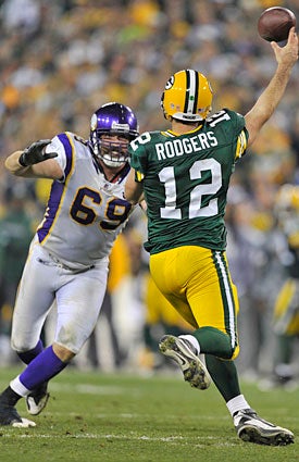 Jared Allen, leading the NFL in sacks with 12.5, will try to chase down Aaron Rodgers on Monday night. (Getty Images)