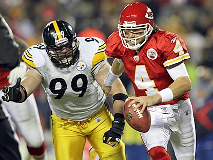 Brett Keisel and the Steelers hound Pittsburgh-area native Tyler Palko into four turnovers.  (Getty Images)