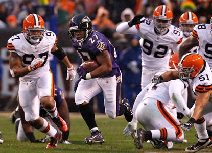 Ray Rice goes off on the Browns to the tune of a career-high 204 yards, including a 67-yard run in the third. (Getty Images)