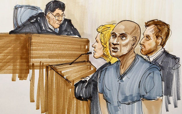 An illustration shows Thursday's initial court appearance for Sam Hurd, who posted $100,000 bond. (AP)