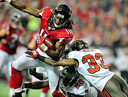 Rookie star Julio Jones scores one of his two first-quarter touchdowns.  (Getty Images)
