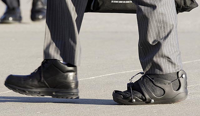 That left ankle and walking boot belong to Rob Gronkowski. Will he be able to cut and run routes on it? (AP)