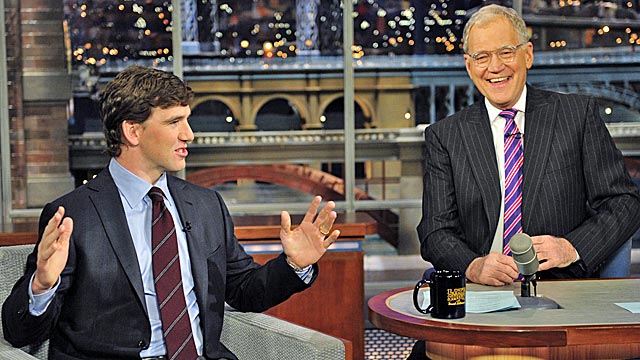 Giants quarterback Eli Manning goes in the 'Late Show' one day after being named Super Bowl MVP. (AP)