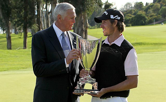 Last year at Riviera, Aaron Baddeley won a trophy and got to meet Jerry West. (Getty Images)