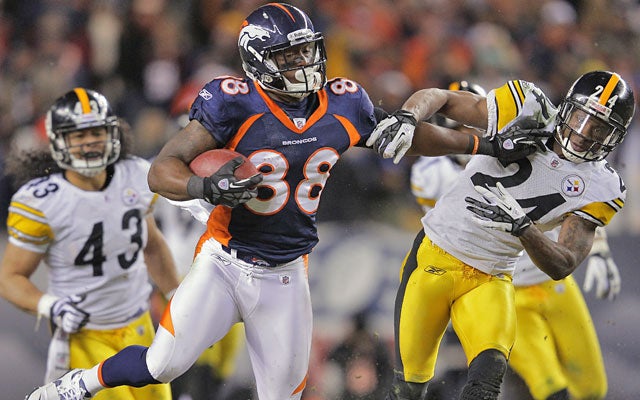 On the play that made him (almost) famous, Demaryius Thomas burned the Steelers in OT. (Getty Images)