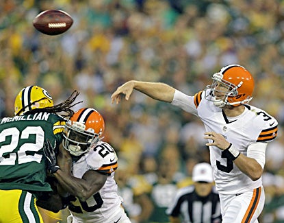 Browns rookie Brandon Weeden plays the first half and completes 12 of 20 for 118 yards. (AP)