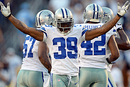 Cowboys offseason addition, cornerback Brandon Carr, comes up with two interceptions against the Chargers.  (US Presswire)