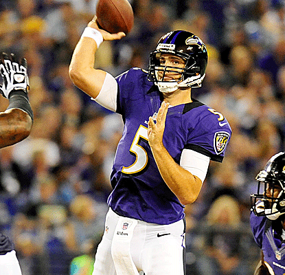 Joe Flacco finishes with 266 yards against the Jags, 103 of which go to second-year wideout Torrey Smith.  (US Presswire)