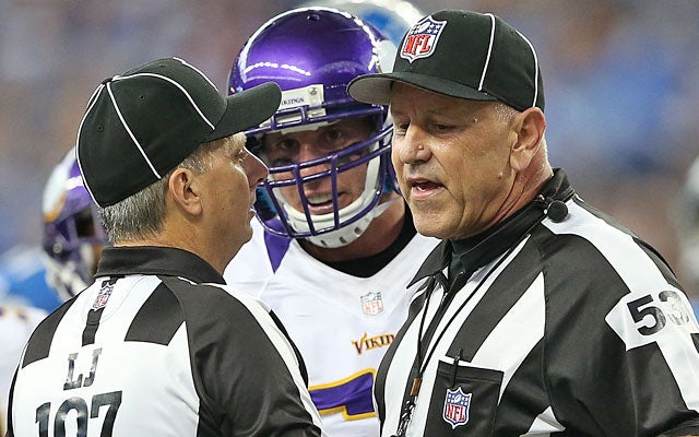 Chad Greenway, talking to officials during Sunday's game, says he's glad nobody was hurt. (Getty Images)