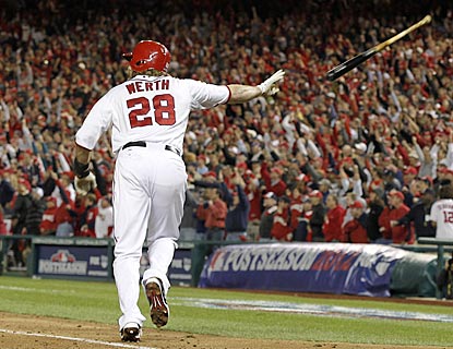 Jayson Werth makes his first postseason home run with Washington count -- a walk-off that electrifies Nationals Park.  (AP)