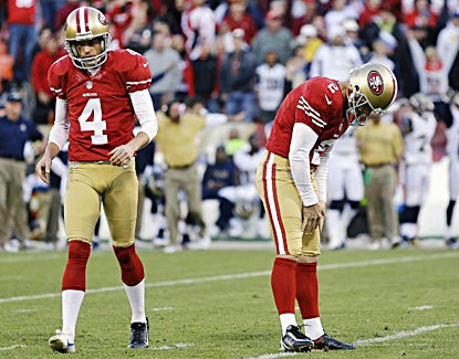 Niners kicker David Akers (right) reacts after missing a 33-yard field goal attempt during overtime against the Rams. (AP)