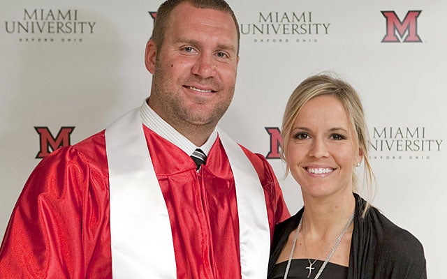 Ben Roethlisberger poses with his wife Ashley after receiving his degree from Miami this spring. (AP)