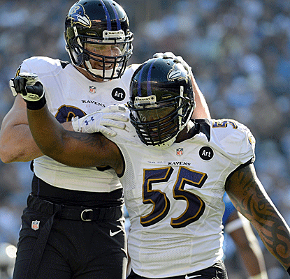 Terrell Suggs and the Ravens' defense is tough all day, but it takes a late rally for Baltimore to prevail.  (Getty Images)