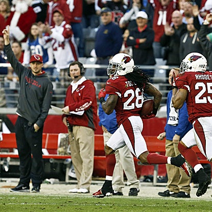 Greg Toler intercepts Detroit quarterback Matthew Stafford and returns it 102 yards for a score. (AP)
