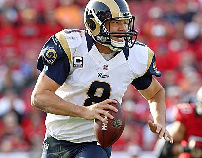 Rams quarterback Sam Bradford completes 13 of 27 passes for 196 yards and two touchdowns. (US Presswire)