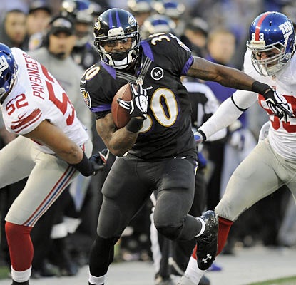 Bernard Pierce rumbles for 123 yards as both Baltimore running backs surpass the century mark on the ground. (AP)