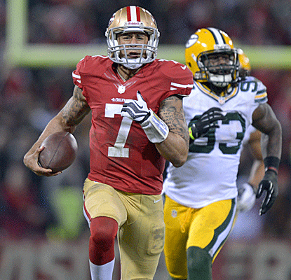 Colin Kaepernick rushes for 181 yards, a single-game postseason record for a QB, in the Niners' win. (US Presswire)