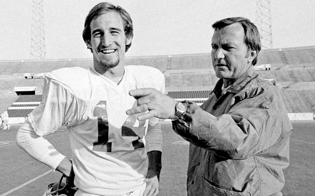 Quarterback Steve Grogan and Chuck Fairbanks in 1976, preparing for the Pats' first playoff game in 13 years. (AP)