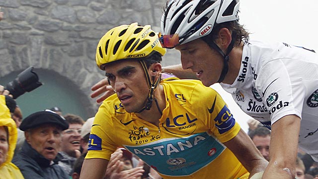 Spain's Alberto Contador wears the leader's yellow jersey during the 2010 Tour de France. (AP)