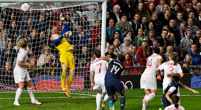 Alex Morgan (far right) beats Canada goalie Erin McLeod on a header in the waning seconds of extra time. (AP)