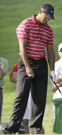 Tiger Woods can't make sense of another wayward tee ball. (AP)
