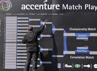A worker cleans up a bracket display Monday as practice rounds begin in Marana, Ariz. (AP)