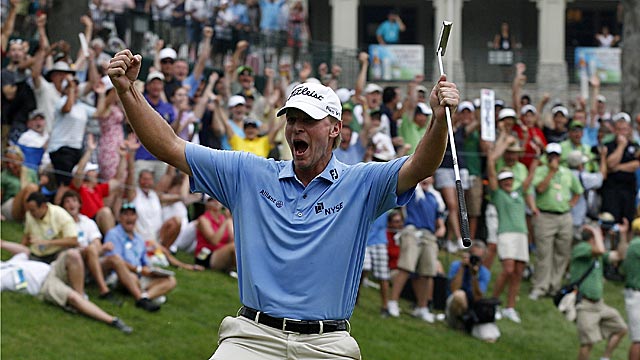 Stricker let out some rare emotion after pulling out an amazing victory last year. (Getty Images)