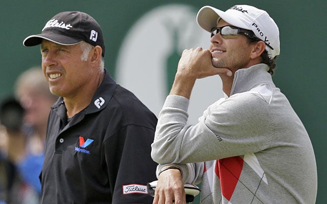 Caddie Steve Williams sparks Adam Scott's big day with a key piece of advice. (AP)