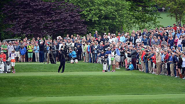 Angel Cabrera tees off on a cool, soft Quail Hollow course that plays longer than usual. (Getty Images)