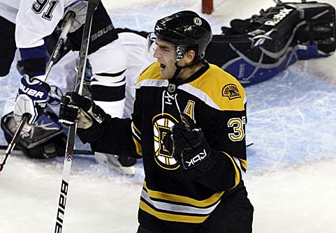 Patrice Bergeron scores the Bruins' second goal of the game.