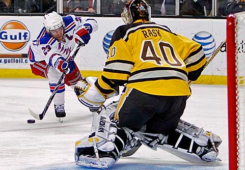 Chris Drury is denied by Tuukka Rask in a game with few great chances. 