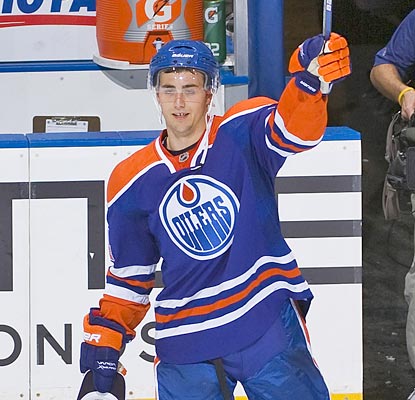 Jordan Eberle upstages the debut of top pick Taylor Hall by scoring a short-handed goal in his first NHL game.  (Getty Images)