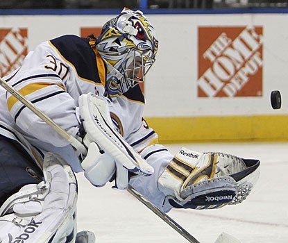 It's a night Ryan Miller would like to have more often. The Sabres goalie only needs to make 17 saves in the win. (AP)
