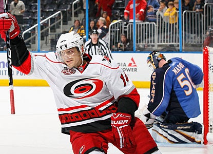 Sergei Samsonov celebrates the decisive goal after just beating Chris Mason in the shootout. (Getty Images)