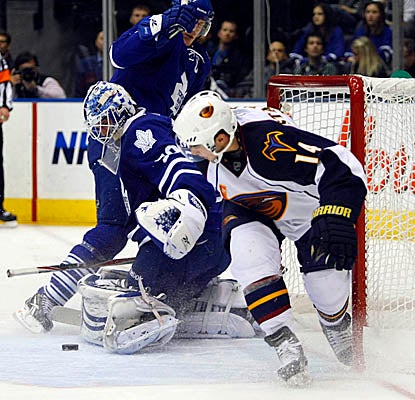 Leafs goalie Jonas Gustavsson makes one of his 13 saves vs. the Thrashers on Monday. (US Presswire)