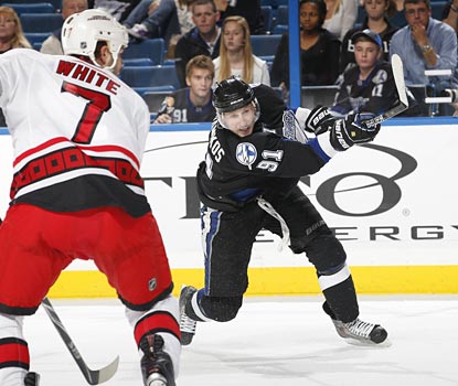 Steven Stamkos fires six shots on the night, getting one in the back of the net for career goal No. 100.  (Getty Images)