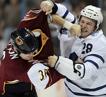 There's plenty of goals in this game, but also a heavyweight fight between Eric Boulton (36) and Colton Orr (28). (AP)