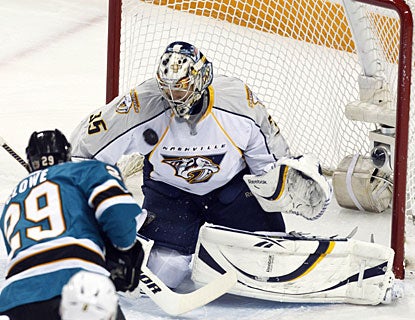 With 42 saves, Pekka Rinne plays a key part in Nashville's three-game sweep of California teams in four days. (US Presswire)