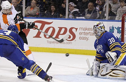 Danny Briere scores his team-best 22nd goal and also helps set up three other goals for Philly. (AP)
