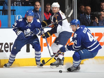 Nikolai Kulemin (right) is one of five players to score a goal against the Thrashers.  (Getty Images)