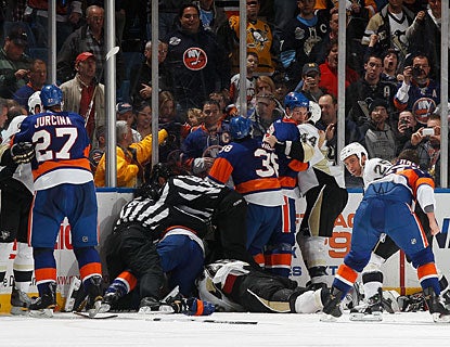 There's no love lost between the Islanders and Penguins, who have a couple of all-out brawls during the contest. (Getty Images)