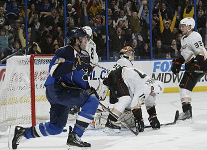 David Backes scores his lone goal of the night in what turns out to be an offensive bonanza for the Blues. (Getty Images)