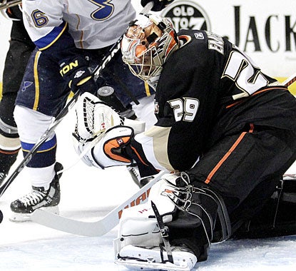 Ray Emery, who signed with the Ducks last month, stops 30 shots for his first NHL win since February 2010. (AP)