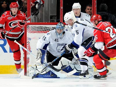 Mike Smith makes 33 saves for the Lightning during an important momentum-building win over the Hurricanes.  (Getty Images)