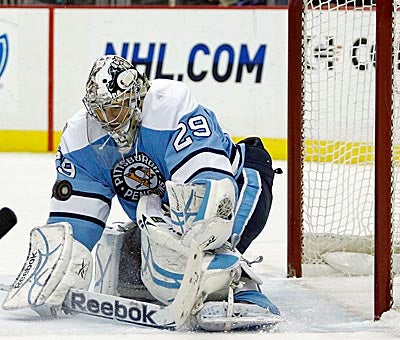 Marc-Andre Fleury turns away one of 37 Florida shots while leading Pittsburgh to another SO win.   (Getty Images)