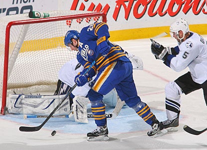 Thomas Vanek scores the second of his three goals, which gives him 30 goals in a season for the fourth time in six seasons. (Getty Images)