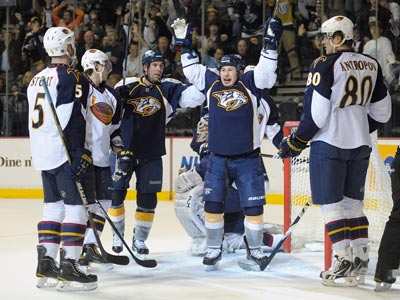 Jordin Tootoo (center) celebrates his second goal of the night as teammate David Legwand looks to congratulate him. (US Presswire)