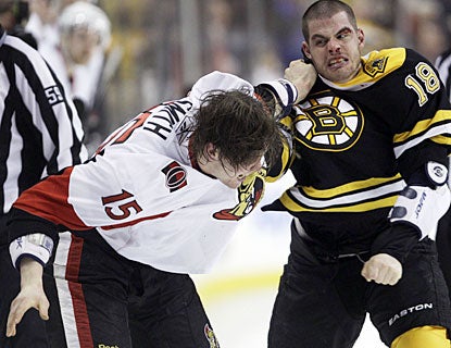 Nathan Horton takes penalties, he scores the go-ahead goal for the Bruins and also has a fight with Ottawa's Zack Smith. (AP)