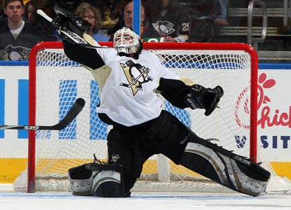 Reserve goalie Brent Johnson saves 37 shots while grabbing his fourth straight decision for the playoff-bound Penguins.  (Getty Images)